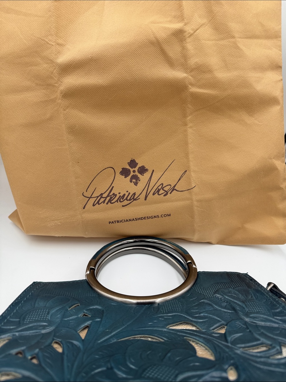 Patricia Nash Teal Floral Cutout Leather Top-Handle Satchel w/ Adjustable Strap - Picture 15 of 15